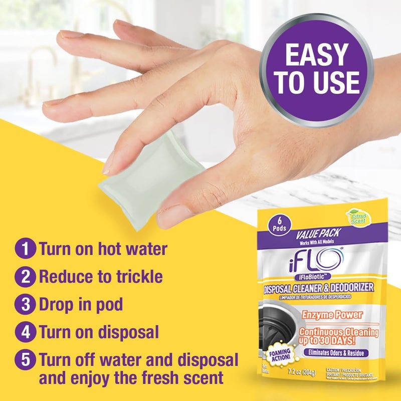 iFLO Foaming Garbage Disposal Cleaner Pods with iFLOBiotic – Powerful Garbage Disposal Foaming Action for Sink, Food Waste & Odor Removal – Disposal Cleaner Pods, 6 Pack - Image 4